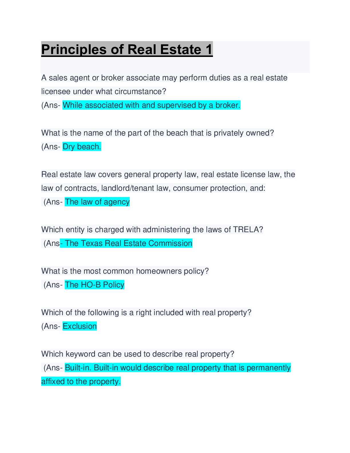 Principles of Real Estate 1 Questions & Answers Updated A+ Score
